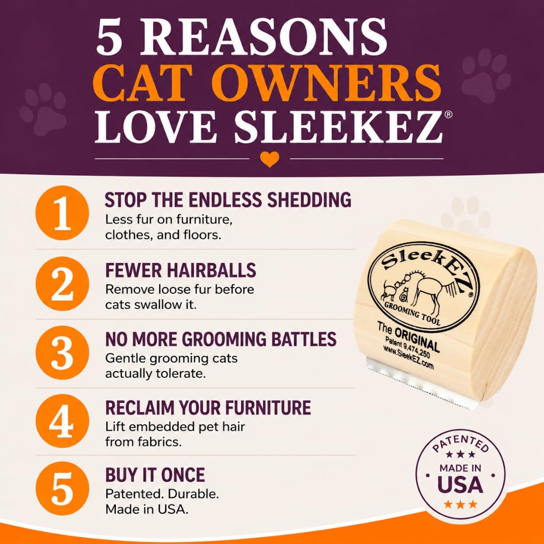 SleekEZ Cat Brush for Shedding - Deshedding Brush for Cats - Patented Grooming Tool for Removing Loose Fur, Undercoat & Hair - Made in USA - Works on Short, Medium & Long Coats