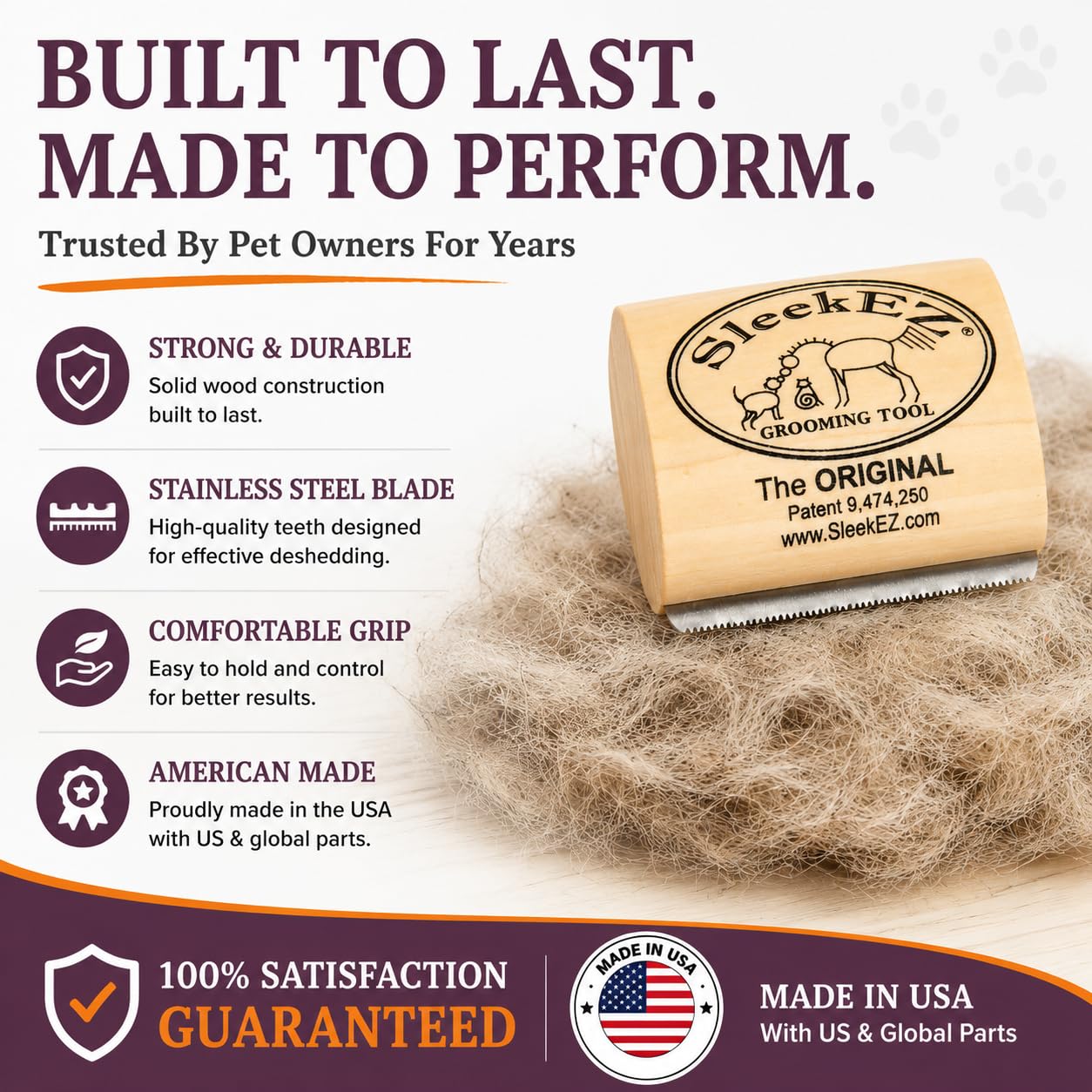 SleekEZ Cat Brush for Shedding - Deshedding Brush for Cats - Patented Grooming Tool for Removing Loose Fur, Undercoat & Hair - Made in USA - Works on Short, Medium & Long Coats