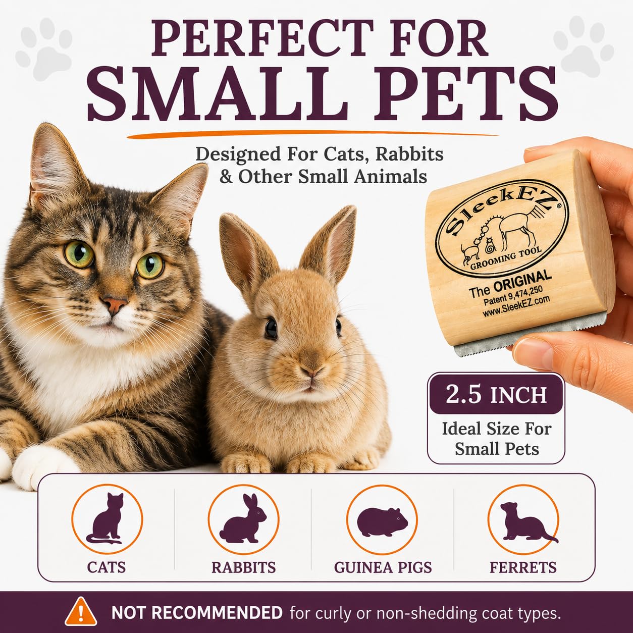 SleekEZ Cat Brush for Shedding - Deshedding Brush for Cats - Patented Grooming Tool for Removing Loose Fur, Undercoat & Hair - Made in USA - Works on Short, Medium & Long Coats
