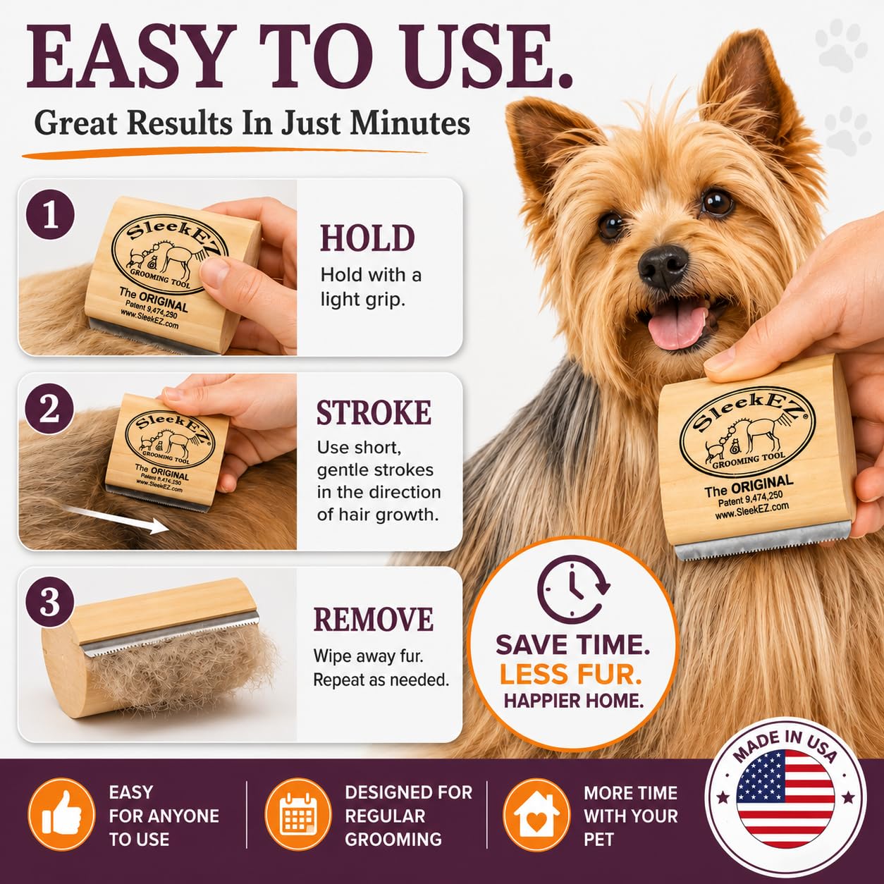 SleekEZ Cat Brush for Shedding - Deshedding Brush for Cats - Patented Grooming Tool for Removing Loose Fur, Undercoat & Hair - Made in USA - Works on Short, Medium & Long Coats